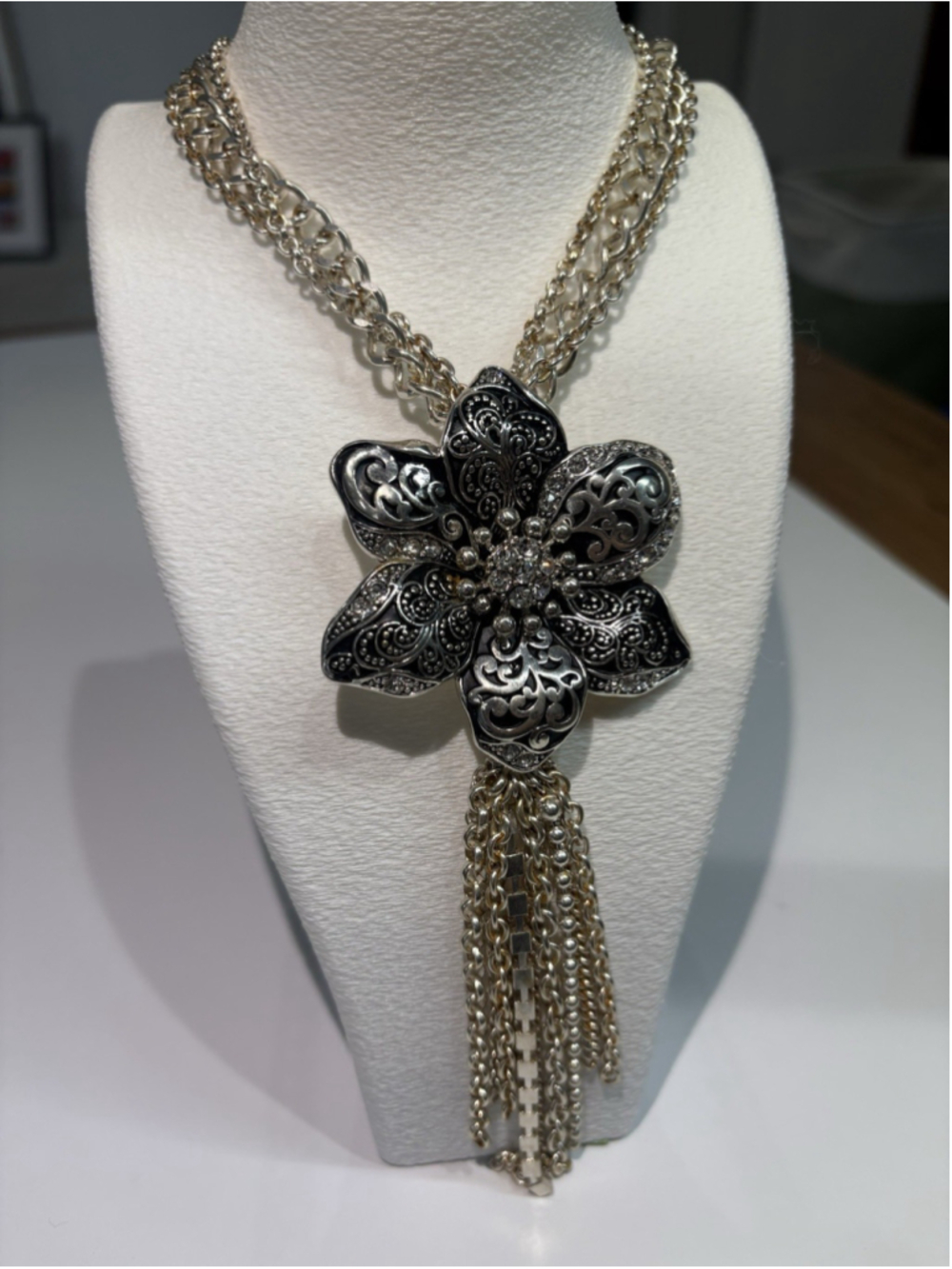 Antiqued Silver Tone Flower Tassel Statement Necklace Multi Chain